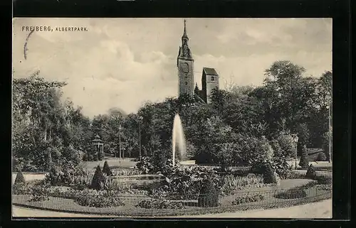 AK Freiberg i. Albertpark, Ortsansicht mit Springbrunnen