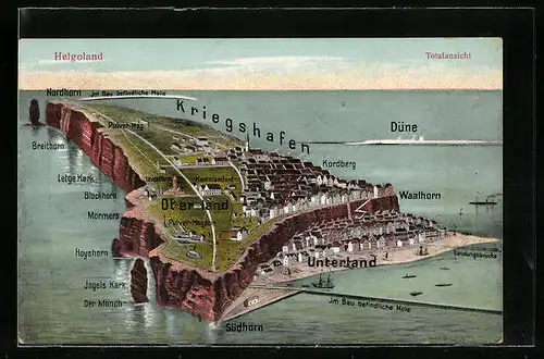 AK Helgoland, Totalansicht mit Kriegshafen und Düne