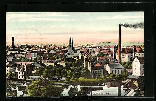 AK Zwickau i. S., Ortsansicht mit Schornstein