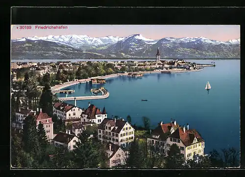 AK Friedrichshafen a. B., Teilansicht mit Blick auf den Bodensee und die Alpen