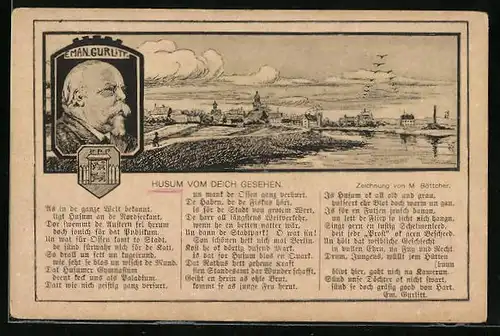 Künstler-AK Husum, Totalansicht vom Deich gesehen, Eman. Gurlitt im Profil