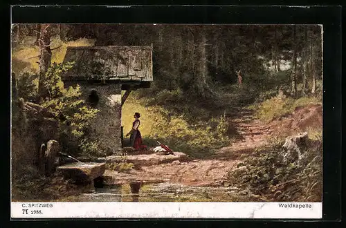 Künstler-AK Carl Spitzweg: Kniende Frau an einer Waldkapelle