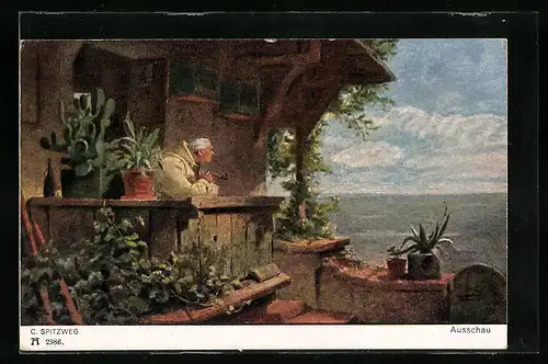 Künstler-AK Carl Spitzweg: Herr mit Tabakpfeife hält Ausschau