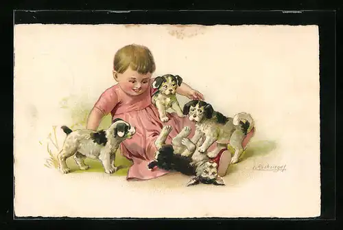 Künstler-AK Eduard Reckziegel: Kind spielt mit Welpen
