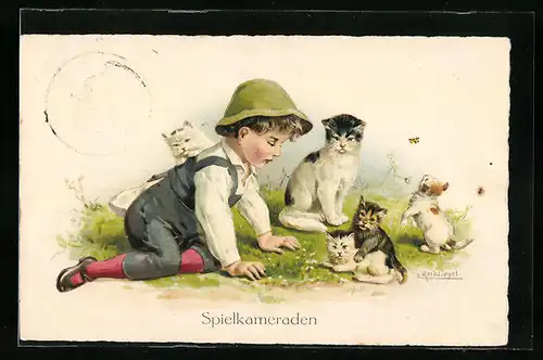Künstler-AK Eduard Reckziegel: Kleiner Junge spielt mit Katzen