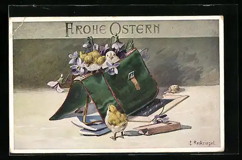 Künstler-AK Eduard Reckziegel: Küken an einer Schulmappe, Ostergruss