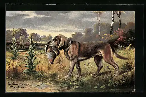 Künstler-AK Alfred Schönian: Jagdhund mit erlegtem Vogel