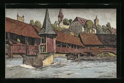 Künstler-AK Ernst E. Schlatter: Luzern, Spreuerbrücke