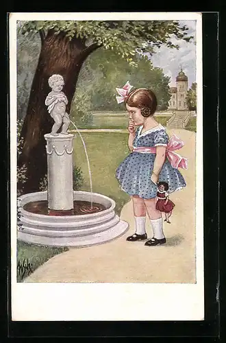 Künstler-AK Willi Scheuermann: Mädchen mit Puppe am Brunnen