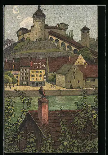 Künstler-AK Ernst E. Schlatter: Munot von Feuerthalen aus