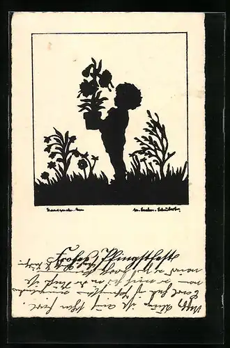 Künstler-AK Marta Sachse-Schubert: Scherenschnitt, Junge mit Blume
