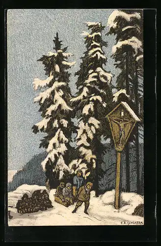 Künstler-AK Ernst E. Schlatter: Jugend am Wegkreuz im Schnee