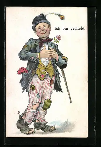 Künstler-AK Willi Scheuermann: Ich bin verliebt, Mann mit zerrissener Kleidung