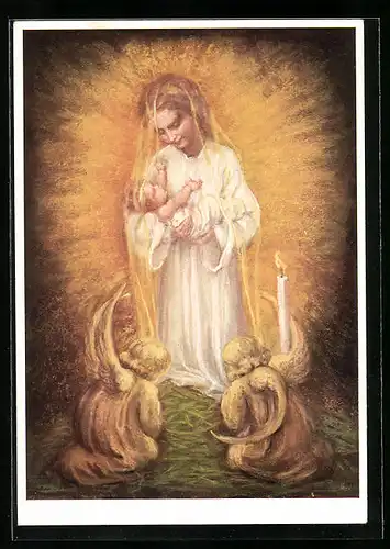 Künstler-AK Maria Spötl: Maria mit Jesuskind und Engeln