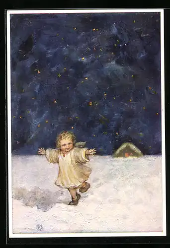 Künstler-AK Maria Spötl: Engelchen im Schnee mit Sternenhimmel