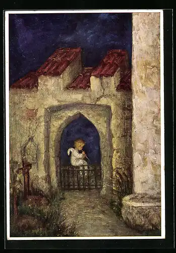 Künstler-AK Maria Spötl: Engel spielt Flöte am Tor, Ein Lied von drüben