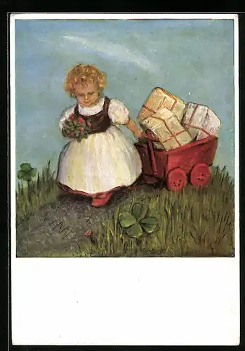 Künstler-AK Maria Spötl: Ich komm zu dir, Mädchen mit Bollerwagen