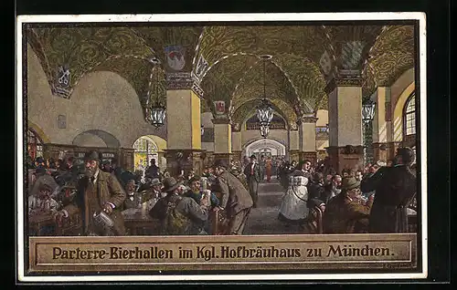 Künstler-AK Fritz Quidenus: München, Parterre-Bierhallen im Kgl. Hofbräuhaus, Innenansicht