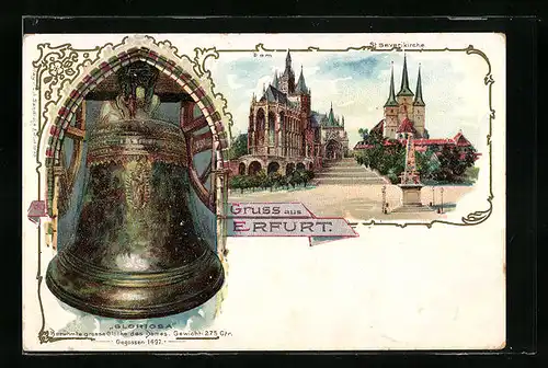 Lithographie Erfurt, St. Severikirche und Gloriosa die grosse Glocke des Doms