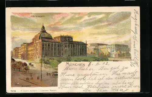 Lithographie München, Blick auf den Justizpalast