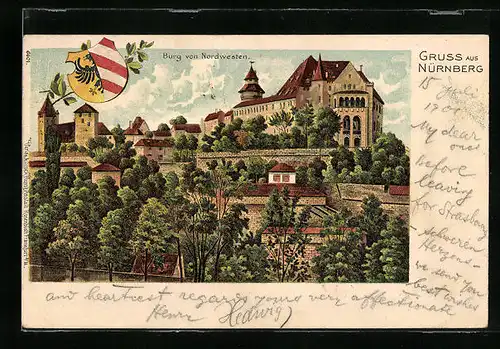 Lithographie Nürnberg, Burg von Nordwesten