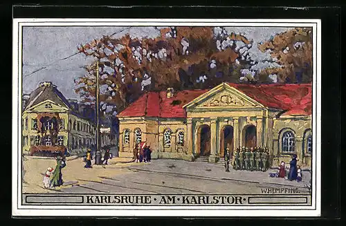 Künstler-AK sign. W. Hempfing: Karlsruhe, Am Karlstor