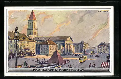 Künstler-AK sign. W. Hempfing: Karlsruhe, Blick auf den Marktplatz