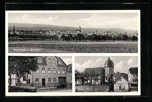 AK Hochweisel b. Butzbach, Gasthaus zur Linde, Kirche, Teilansicht