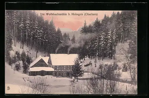 AK Hohegeis /Oberharz, Die Wolfsbachmühle im Schnee
