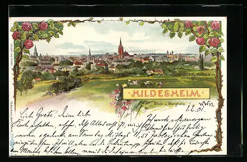Lithographie Hildesheim, Blick v. Bergholz auf den Ort