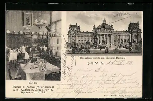 AK Berlin, Restaurant Steinert & Hansen, Leipzigerstrasse 33, Inneres Pavillon, Reichstagsgebäude mit Bismarck-Denkmal