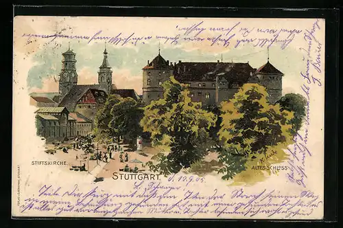 Lithographie Stuttgart, Altes Schloss und Stiftskirche