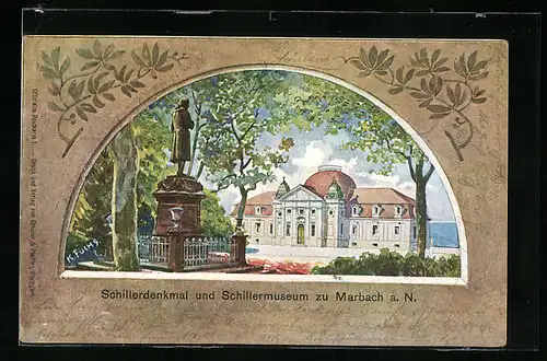 Künstler-AK Marbach a. N., Schillermuseum und Schillerdenkmal