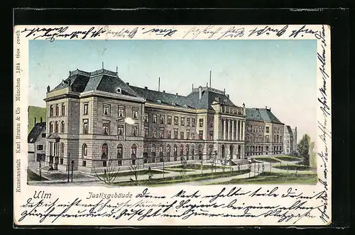 Goldfenster-AK Ulm, Blick auf das Justizgebäude