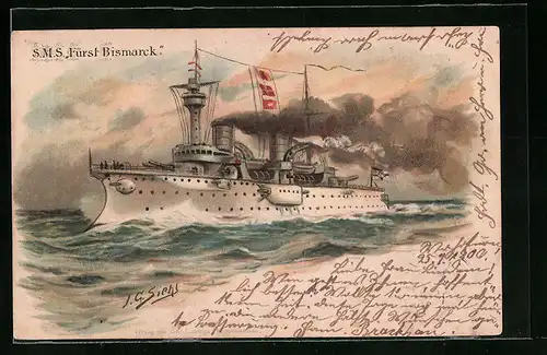 Künstler-AK Johann Georg Siehl-Freystett: SMS Kriegsschiff Fürst Bismarck