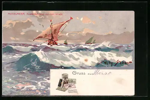 Künstler-AK Willy Stoewer: Küstenfahrzeug vor dem Winde im Mittelmeer, Reklame für Kakao Hauswaldt`s Spezialitäten