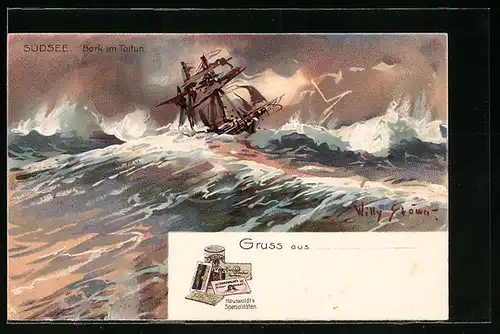 Künstler-AK Willy Stoewer: Bark im Taifun in der Südsee, Reklame für Kakao, Hauswaldt`s Spezialitäten