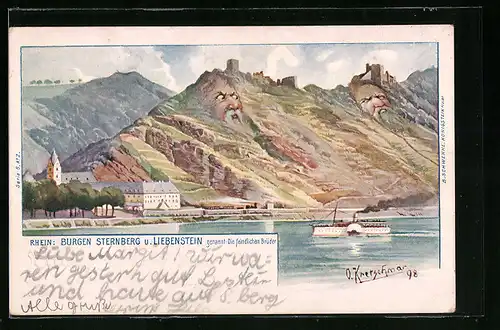 Künstler-AK Schwenke Ser. 6 Nr. 2: Burgen Sternberg und Liebenstein, Berg mit Gesicht / Berggesichter