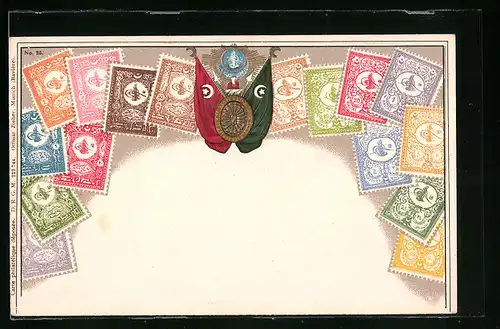 Präge-AK Türkei, Fahnen und Briefmarken