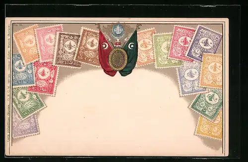 Präge-AK Türkei, Fahnen und Briefmarken