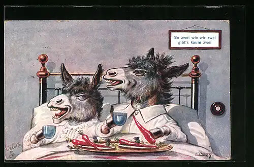 Künstler-AK sign. Ellam: Vermenschlichte Esel im Bett beim Frühstück