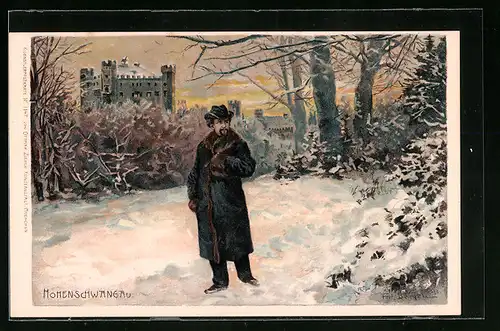 Künstler-AK Fritz Bergen: Ludwig II. mit Mantel in verschneiter Winterlandschaft