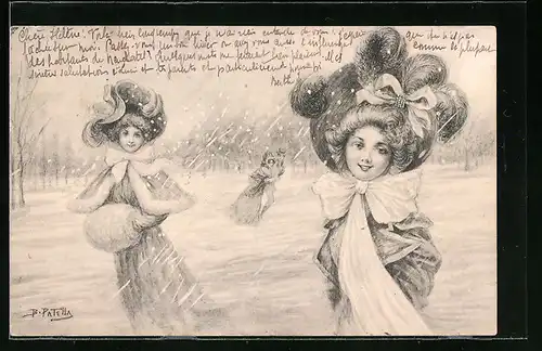 Künstler-AK B. Patella: Damen im Schnee mit Federhut und Muff