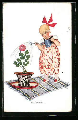 Künstler-AK Mela Köhler: Mädchen giesst Blume