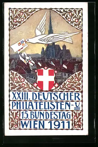 Künstler-AK H. Kalmsteiner: Wien, XXIII. Deutscher Philatelisten- und 15. Bundestag 1911, Brieftaube und Ganzsache