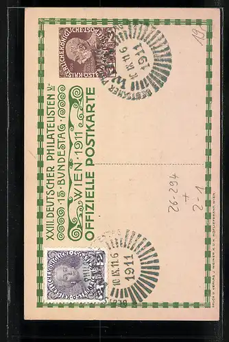 Künstler-AK H. Kalmsteiner: Wien, XXIII. Deutscher Philatelisten- und 15. Bundestag 1911, Brieftaube und Ganzsache