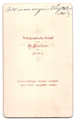 Fotografie H. Sachse, Burg, Kleines süsses Mädchen im Kleid an einem Tisch