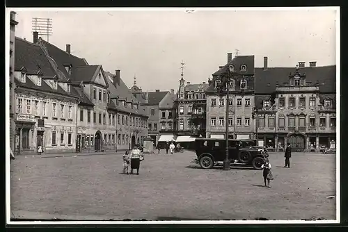 Fotografie Brück & Sohn Meissen, Ansicht Borna, Marktplatz mit Hotel zum goldenen Stern, Geschäfte