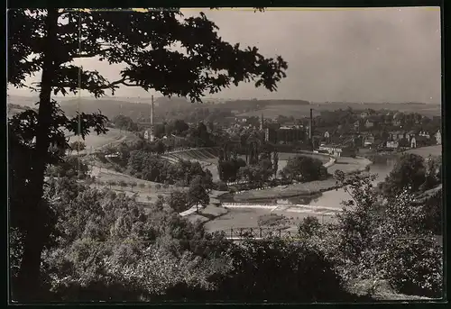 Fotografie Brück & Sohn Meissen, Ansicht Lunzenau, Blick auf den Ort mit Werksschornsteinen