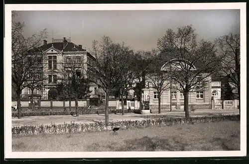 Fotografie Brück & Sohn Meissen, Ansicht Meissen i. Sa., Blick auf das Landkrankenhaus mit Litfasssäule